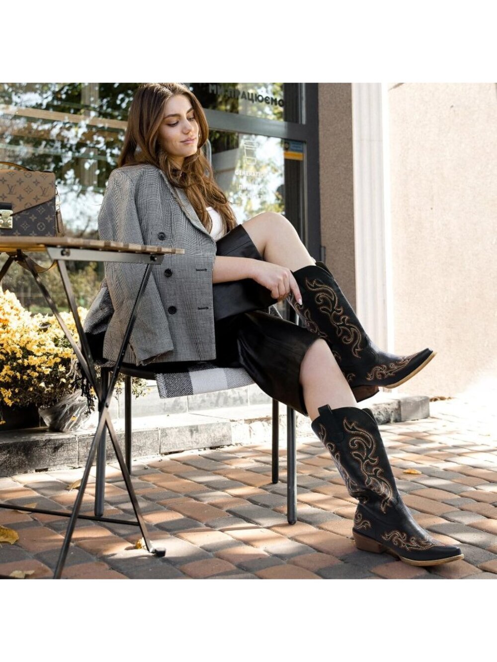 Women's Western Cowgirl Boots Black Chunky Heel Ladies Snip Toe Mid-Calf Boots - Picture 6 of 6